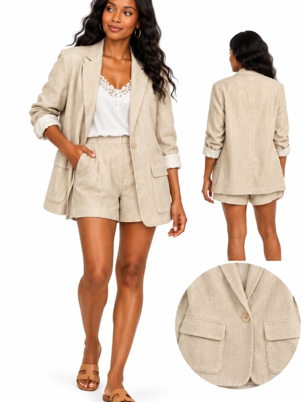 Madewell Sz M Beige Linen Blend Blazer Shorts 2 Piece Suit Coastal Quiet Luxury